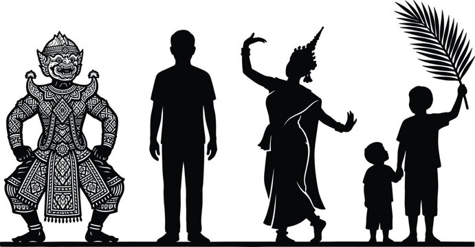 Silhouettes of Thai giant, dancer, children, and modern figure representing cultural heritage, tradition, and contemporary lifestyle