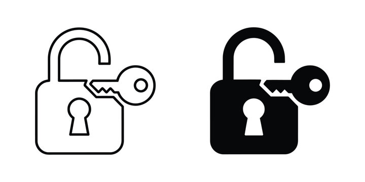 Unlocked padlock with key icon set