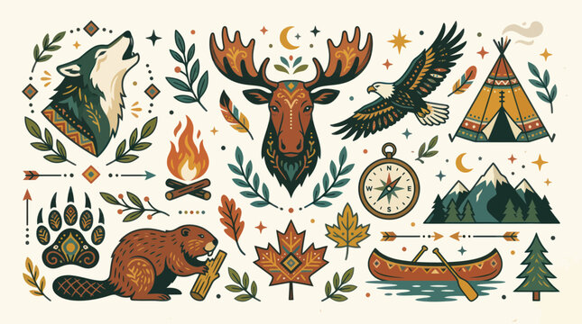 North American Wildlife and Nature Icons: Moose, Wolf, Eagle, Beaver, Canoe
