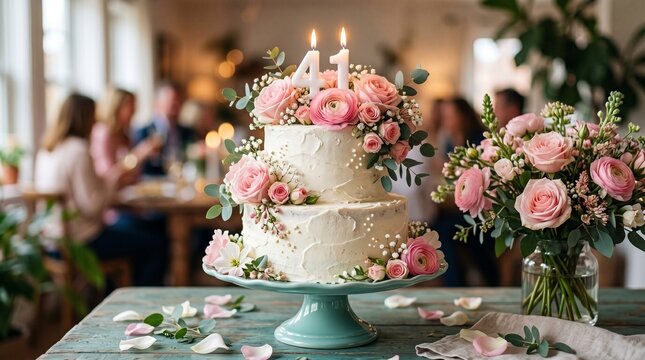 41st birthday cake with pink roses and candles