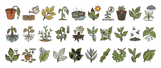 Obraz premium Plant health problems icon set. Common plant disease symptoms, garden pest infestations, care issues, foliage damage diagnosis signs.