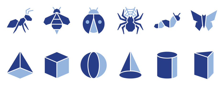 Set of geometric insects and 3D shapes. Abstract bug icons, math solids, and educational forms. Minimal creature symbols.