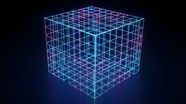 Abstract digital wireframe cube with glowing light nodes wireframe technology