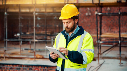 Man, construction or civil engineering with tablet in scaffolding for building inspection on site....