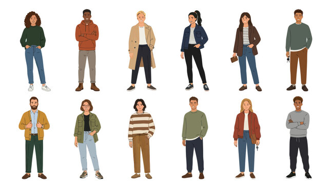 Diverse group of casually dressed people standing in a line, flat illustration