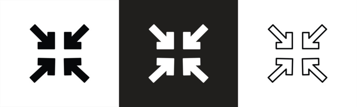 icon set arrow meeting point, compact size small scale arrow icon. shrink resize icon in arrow, vector illustration
