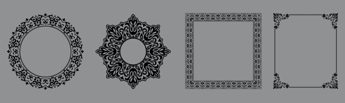 Set of decorative frames Elegant vector element for design in Eastern style, place for text. Floral black and gray frames. Lace illustration for invitations and greeting cards