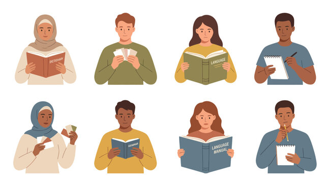 Diverse People Learning Languages with Books, Flashcards, and Notes - Flat Vector Education Illustration