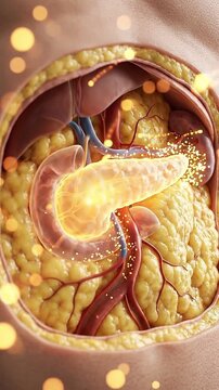Obesity visceral fat accumulation around abdominal organ pancreas anatomy medical illustration showing unhealthy abdominal fat distribution internal organ compression metabolic disorder