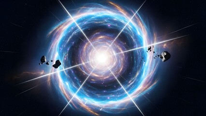 Obraz premium Supernova explosion in deep space with light rays and floating asteroids