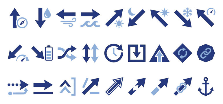 Set of arrow concept icons. Movement, direction, flow, progress, data transfer, weather, time, energy, connection, navigation symbols. Flat vector signs for web, app UI, infographic projects.