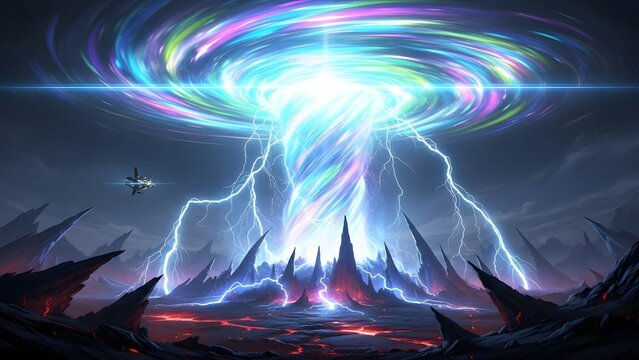 Cosmic portal opening with colorful energy swirling over a dark rocky alien