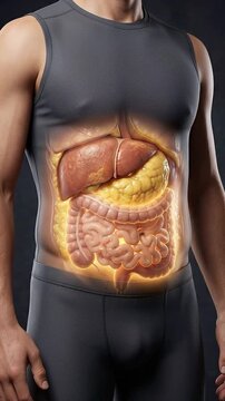 Obesity visceral fat accumulation around abdominal organ male torso human anatomy illustration showing unhealthy belly silhouette medical concept health risk education warning graphic detail glow
