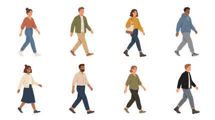 Fototapeta premium Diverse Individuals Walking Flat Vector Illustration Set for Everyday Lifestyle and Human Activity