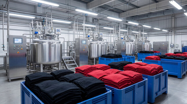 Modern industrial textile factory with large dyeing vats, machinery, and sorted red and black fabric in bins, showcasing efficient productio