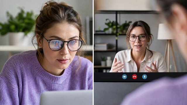 Generative AI, split screen of person with glasses looking at screen during video conference