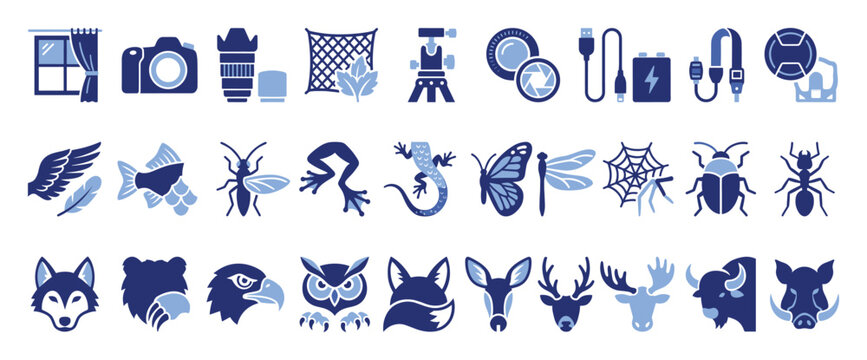 Set of nature and wildlife icons. Photography equipment, forest animals, insects, birds, reptiles, mammals. Flat vector symbols for web, app, mobile graphics.