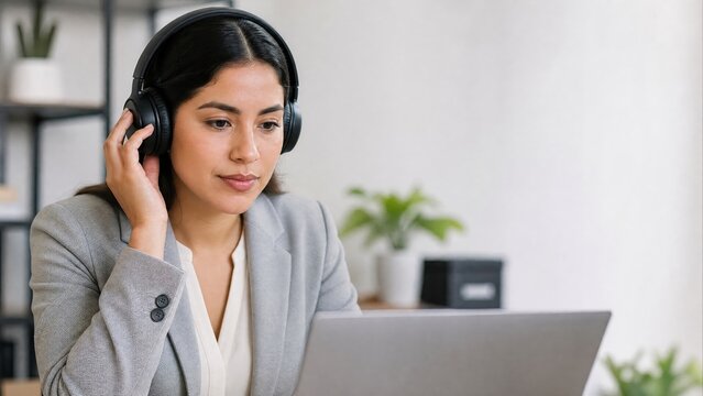 Generative AI, focused person wearing headphones and looking at laptop screen at work