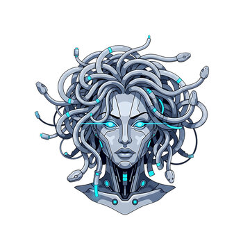 Pixel art portrait of a futuristic robotic woman with metallic snake hair and glowing blue eyes in a cyberpunk sci-fi style