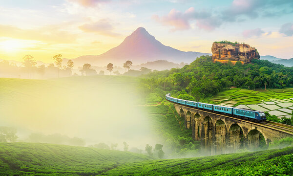 Beautiful Sri Lanka travel background with Nine Arch Bridge, iconic blue train, Sigiriya rock fortress, and lush green tea plantations at sunrise.