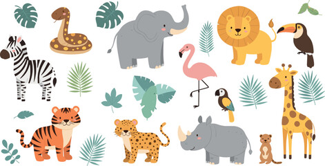 Obraz premium Cute safari animals cartoon set with lion elephant giraffe zebra tiger and tropical leaves playful vector illustration for kids nursery and wildlife designs