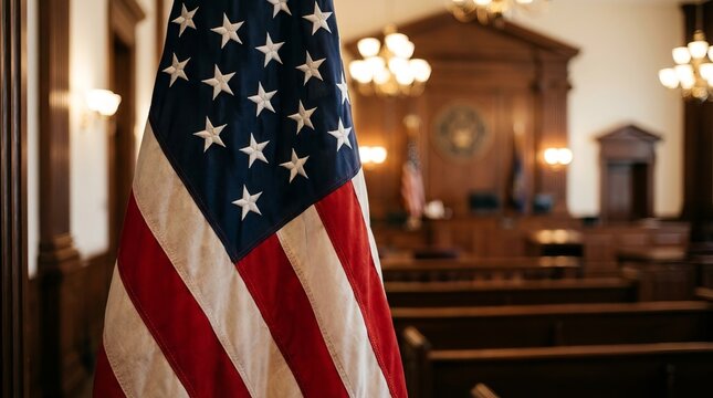 Close-up of American Flag in Courtroom with Blurred Judicial Bench