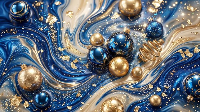 Elegant Christmas Baubles on Luxury Blue and Gold Fluid Marble Background