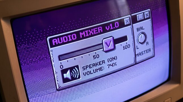 Retro Pixel Art Audio Mixer Interface on Vintage CRT Monitor Screen