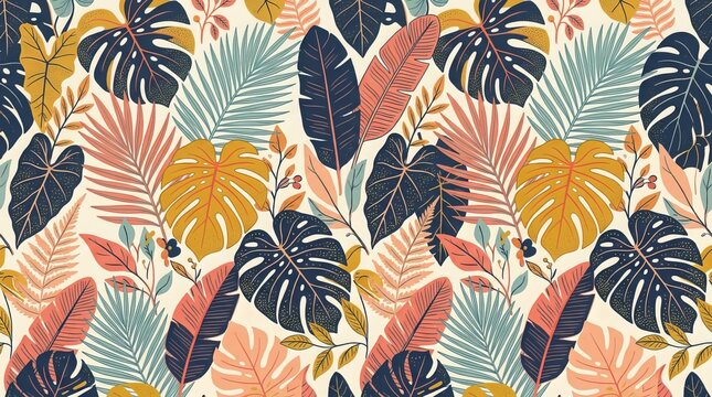 Seamless Tropical Leaf Pattern with Monstera and Palm Fronds in Retro Colors