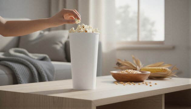 Movie snack setup with a fresh popcorn cup on a light wood table in a sunlit room