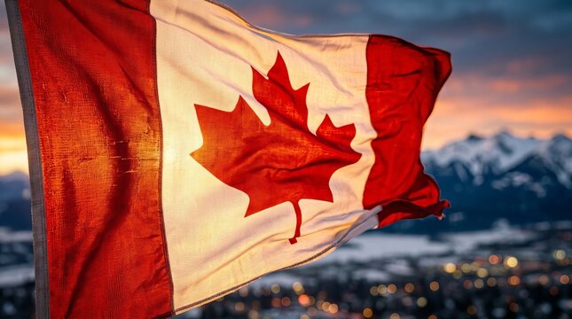 Canadian National Flag Waving in Wind with Scenic Mountain Background at Sunset