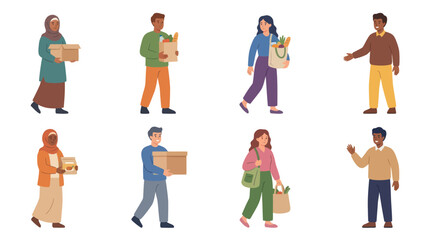 Fototapeta premium Diverse people carrying groceries, flat illustration, shopping, healthy food
