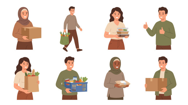 Flat Style Illustration of Diverse People Holding Grocery Bags and Boxes