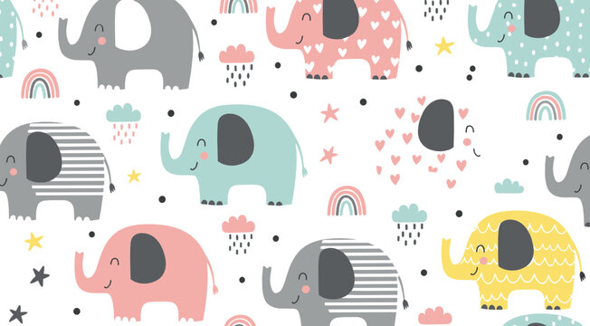 Cute elephant seamless pattern flat vector illustration with pastel colors rainbows hearts clouds and baby nursery design