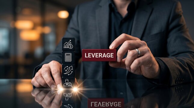 Leverage Business Strategy for financial growth and optimization, with a professional hand building concept blocks, symbolizing smart corporate decisions.