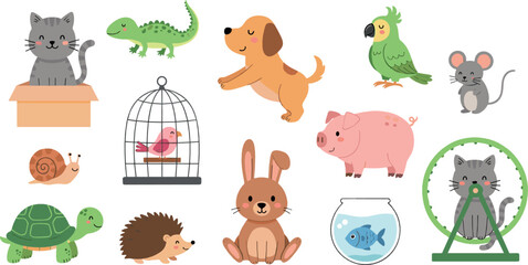 Fototapeta premium Cute cartoon pet animals collection flat vector illustration set including cat dog rabbit turtle bird hamster pig and aquarium fish isolated