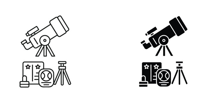 Astronomy telescope and presentation setup with projector and stars icons