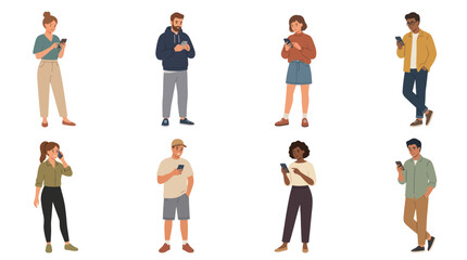 Fototapeta premium Diverse People Using Smartphones Flat Vector Illustration. Digital Communication, Online Connection, Modern Mobile Technology Lifestyle.