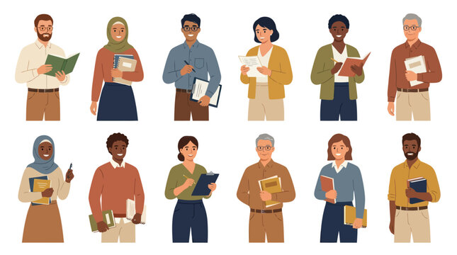 Diverse group of educators holding books, flat vector illustration