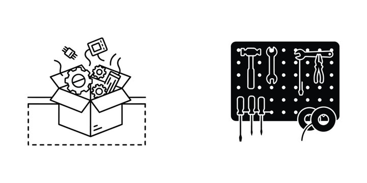 Open electronics kit box with tools on breadboard