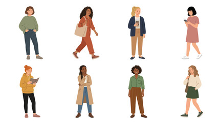 Fototapeta premium Diverse Young Women Collection in Everyday Poses - Modern Flat Vector Illustration Set