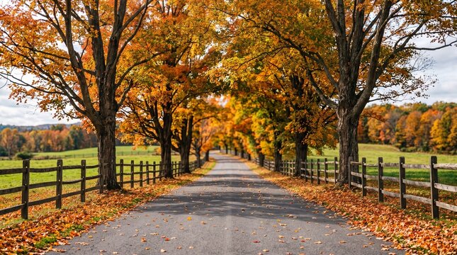 Scenic asphalt road winds through a vibrant autumn forest with golden orange maple trees and rustic wooden fences under a soft daylight sky creating a peaceful rural country