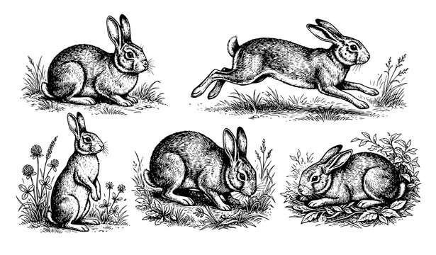 Vintage Rabbit Sketch Collection Featuring Hand Drawn Woodland Animal Illustrations in Natural Outdoor Poses