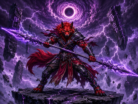 A red anthropomorphic wolf warrior holding a glowing spear in a stormy purple sky with floating rocks, lightning, and dark fantasy atmosphere generated by AI
