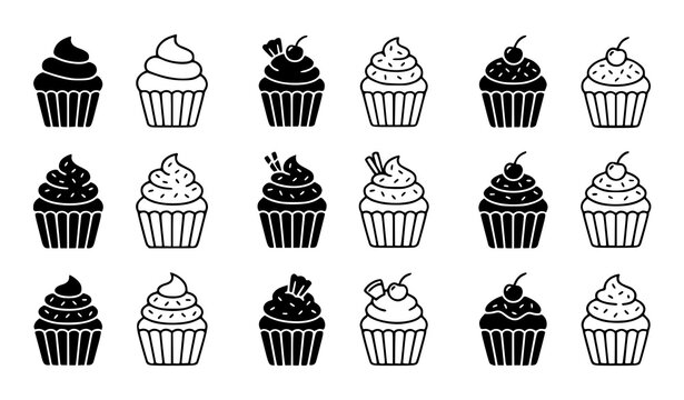 Cupcake Icon Collection Featuring Sweet Bakery Desserts with Decorative Frosting and Topping Designs