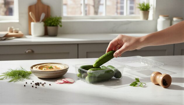 Person reaching for fresh baby cucumbers during healthy snack time
