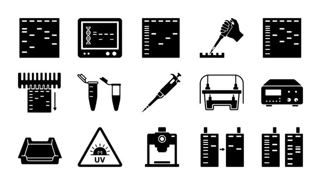 Molecular biology laboratory icons set, 15 DNA electrophoresis and genetic research vector symbols, black biotechnology equipment silhouettes