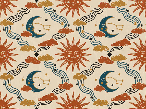 Vibrant celestial pattern with suns moons stars and clouds on beige background