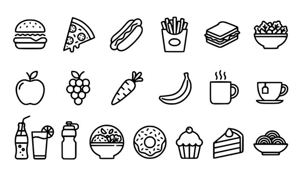 Food Drink and Bakery Line Art Icons Collection Featuring Coffee Cups Burgers Donuts and Snacks for Cafe Menus and Web Designs