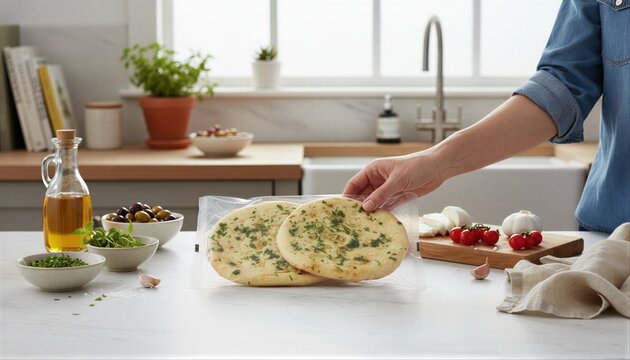 Person reaching for fresh garlic flatbread during kitchen brunch